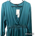 ZARA NWT  Teal Long Sleeve Satin Mini Dress Elastic Waist Ruffled Hem V-Neck M Photo 5