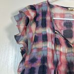 Indigo Blue Women's Indigo Rose Blue Pink Ruffle Flutter Sleeve V-Neck Blouse Size Med EUC Photo 3