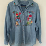 Karen Scott Blue Embroidered Vintage Christmas Button Down Denim Shirt 1X Photo 0