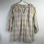 Talbots  Size M Ruffle Tunic Top Rainbow Plaid Lightweight Ladder Trim Split Neck Photo 2