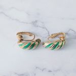 Vintage Clip On Earrings Curved Green & Gold Tone Stylish Striped Photo 2
