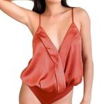 LULUS Nights Out Terra Cotta Orange Satin Surplice Bodysuit ~ Women's Size SMALL Photo 0