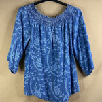 Pioneer Woman Blue Floral Print Smocked Neck 3/4 Sleeve Blouse Boho Top Size L Size L Photo 0