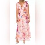 Maison Tara V Neck Pink Watercolor Floral Maxi Dress with Bow Straps size 6 $148 Photo 4