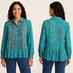 Lola P. Floral Button Down Top Long Sleeve Ruffle Hem‎ Bohemian Teal Size Medium Blue Photo 1