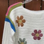 Duwaykam White Colorful Embroidered Flower Power Floral Knit Stripe Sweater Boho Photo 1