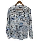 Karl Lagerfeld  PARIS Printed Long‎ Roll-Tab Sleeve Collared Button Up Top Small Photo 1