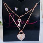 Fashion Rose Gold Iridescent Heart Key Necklace Set with Earrings Pink Photo 1