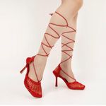 Red Sexy Vampy Square Toe Netted Mesh Lace Up High Kitten Heels EU 39 US 8 Photo 1