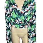 PatBo Kimono Sleeve Wrap Top black and green with white flowers blouse sz L Photo 1