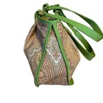 ETRO GREEN FAUX LEATHER TRIM W/TAN & GRAY COTTON PAISLEY PRINT BODY SATCHEL BAG Photo 4