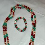 Red Green Cream Gold and Leopard beaded Necklace and Bracelet Set Photo 2