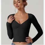 QINSEN Women's Long Sleeve V Neck Double Lined Crop Top Seamed Cup Black Size M Photo 0