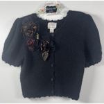 Susan Bristol VINTAGE floral applique cardigan black puff sleeves sweater Medium Photo 1