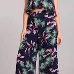Miss Avenue JustFab Tropical Print Halter Top Wide Leg Pant 2pc Set Blue Pink M Photo 0