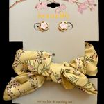 Pink flower stud earrings with matching yellow hair scrunchie Photo 0