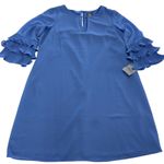 Vince Camuto Dress Womens Size 14 Blue Pleated Sleeve Keyhole Neck A-Line Photo 1