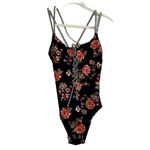 Skinny Dippers Lace Up Floral Swim Suit Small Black Photo 2