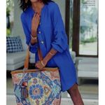 Soft Surroundings  Medium Souk 3 Button Shift Shirt‎ Mini Dress Blue Boho Classic Photo 3