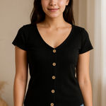 No Boundaries Minimalist Ribbed Button Front Black Top  L (11–13) Photo 0