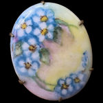 Vintage Hand Painted Porcelain Floral Brass Back Brooch Pin Blue Photo 0