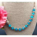 NWT Sequin Gold Tone & Blue Bead Collar Necklace Asymmetrical Paved Pendant 18" Photo 2
