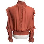 frame denim FRAME Smocked Chiffon Blouse Women’s Size Medium Spice Ruffle High Neck Long Photo 6