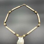 Vintage carved shell owl w/ Heishe shell necklace, matching screw back earrings White Photo 1