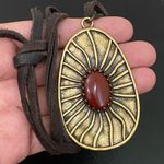 Lucky Brand Red Carnelian Brass-tone Large Pendant Leather Cord 26” Necklace Photo 7