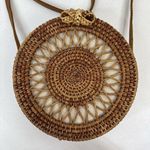 Wicker Crossbody Bag Natural Rattan Round With Canvas Lining Leather Strap Photo 2