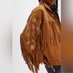 Free People  Willa Western Bomber Tan Leather Jacket with Fringe Embroidery Photo 3