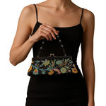 Chateau Black Satin Beaded Handle Clutch Purse Floral Embroidered Evening Bag Photo 0