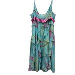 BCBGMAXAZRIA  Silk Y2K Teal Print Pink Bow Ruffled Zip Side Spag Strap Dress 10 Photo 6