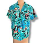 Vintage 90s Hilo Hattie Hawaiian Shirt Black Teal Monstera Floral Pattern Large Photo 8