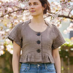 Anthropologie steampunk short bell sleeve cotton vest jacket tan Sz L Hazel Photo 0