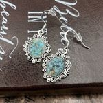 Vintage Carved Spotted Turquoise Resin Oval Cabochons Steel Dangle Earrings Blue Photo 1