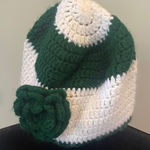 Handmade Green and White Crochet Beanie with Flower Photo 0