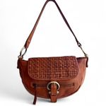 Marta Ponti Cognac Brown Leather Basketweave Satchel Handbag with Brass Hardware Photo 0