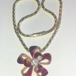 Vintage Gold Tone Red Enamel CZ Rhinestone Boho Retro Bow Pendant Necklace Photo 6