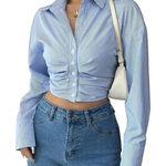 NWT ~ Sexy Blue & White Pinstripe Crop Long Sleeve Ruched Front Blouse ~ LARGE Photo 0