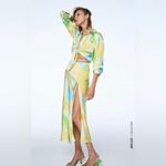 ZARA  New Bohemian Green Hight Waisted Satin Effect Strappy Printed Skirt Size M Photo 2