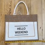 Hello Weekend Tote Bag White And Tan Raffia/Burlap Material Photo 1