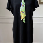 Vintage 60s 70s Sears Shift Dress Black Colorful Collar Scarf XL Photo 0