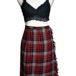 Vintage Red Knit Plaid Tartan Fringe Wrap Midi Skirt XXS | Retro Holiday Photo 0