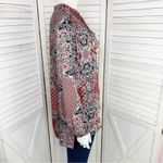 Ellen Tracy Multi Print Ruffle Front Blouse Small Red Black 3/4 Button Photo 2