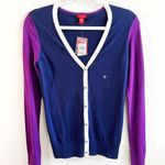 IZOD Cardigan Colorblock Knit V Neck Sweater Navy Blue Purple White Sz XS NWT Photo 0
