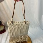 Boho‎ Macrame Purse, Ivory Cotton with Leather Straps, Long Fringe Photo 2