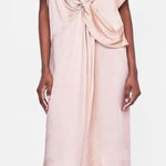 ZARA Blush Knotted Satin Midi Dress Plunging Neckline Leg Slit Button Collar, S Photo 0