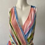 Beige by Eci French sleeveless watercolor pastel pink blue Striped Wrap Dress S Photo 4