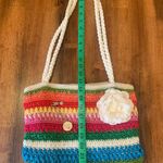Lina Shoulder Bag Colorful Rainbow Stripe Crochet with Floral Pin Zipper Pull Red Photo 5